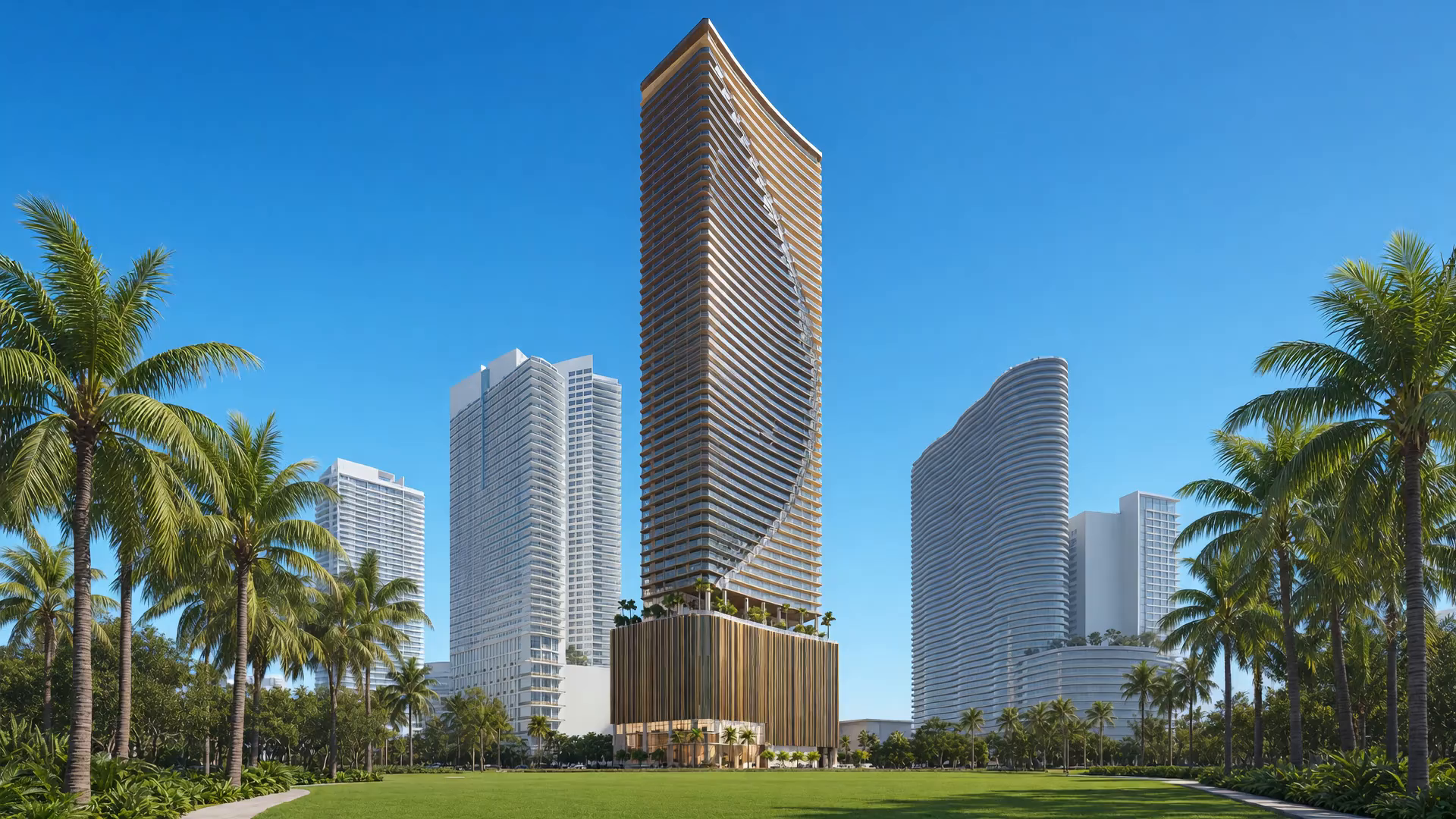 Render derived from developer materials of a waterfront tower with a vertical-fin podium at blue hour over the bay — no people, no marks.