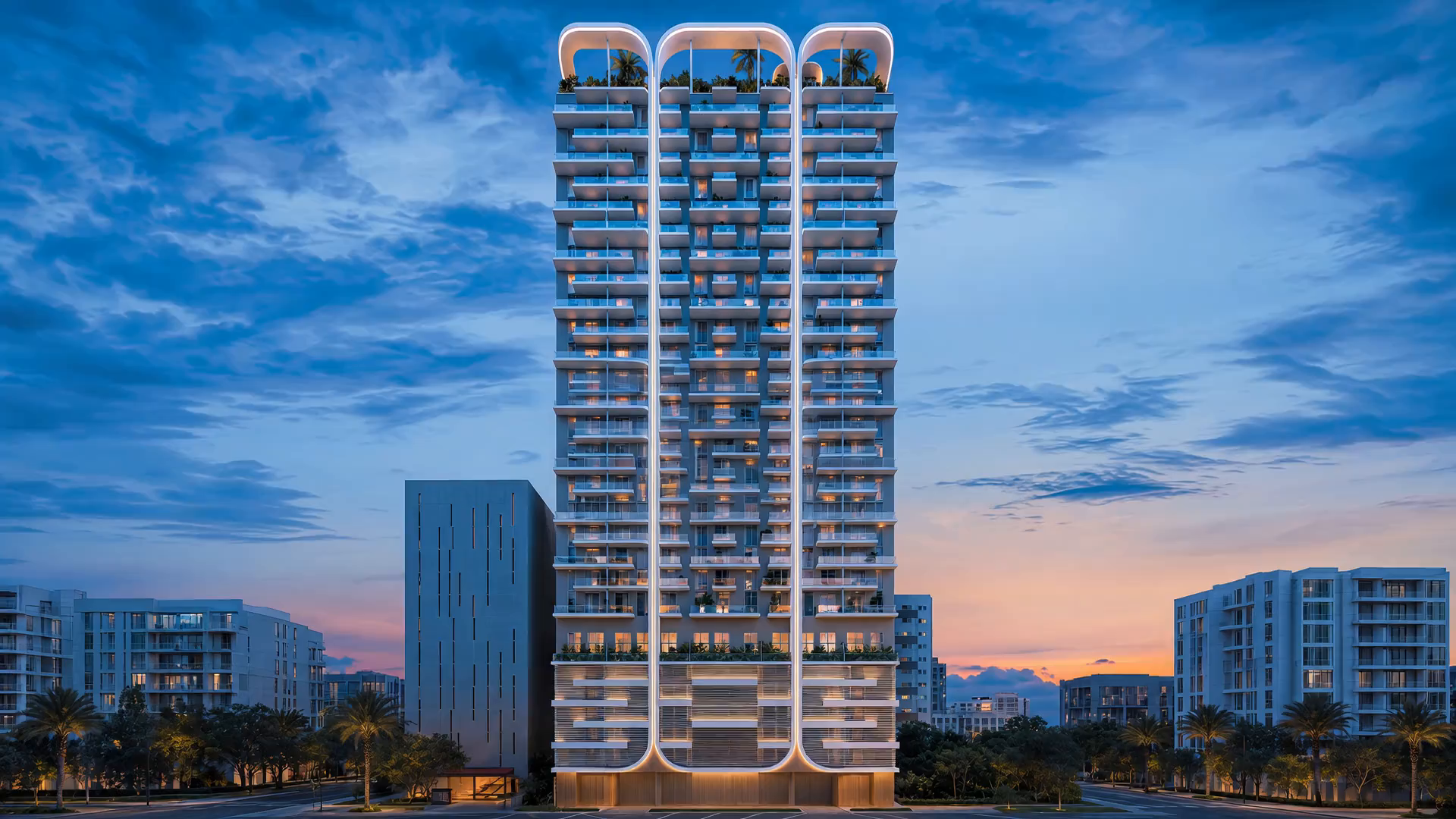 Render derived from developer materials of a white Miami tower with three illuminated vertical arches at blue hour — no people, no marks.