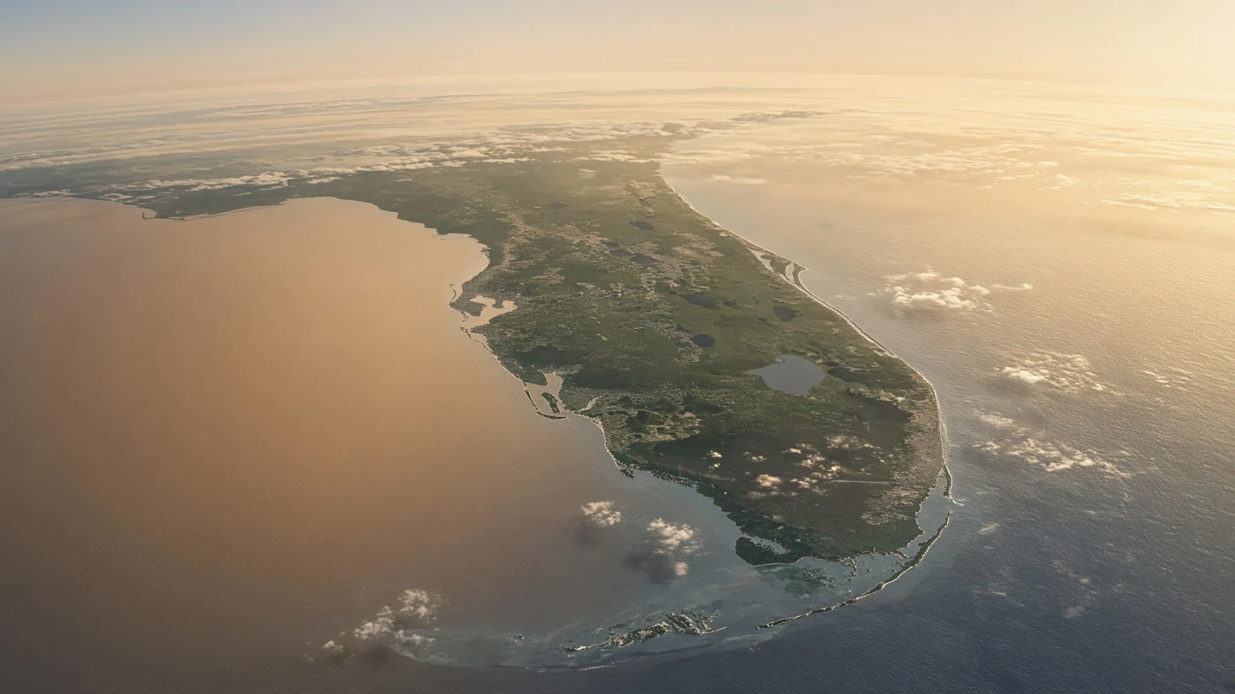 Aérea de la península de Florida y su litoral a la hora dorada, como referencia visual de terreno abierto y sitios de desarrollo — aún falta una fotografía dedicada de terreno. Sin personas, sin etiquetas.