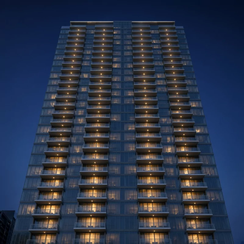 Vista hacia arriba de una torre residencial de vidrio al anochecer — balcones en retícula, luz interior cálida. Sin personas, sin letreros.